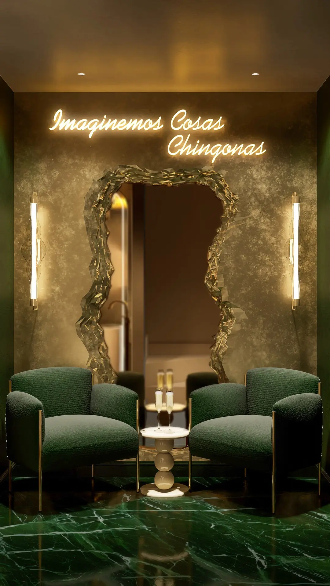 Salón privado con sillones de terciopelo verde y piso de mármol