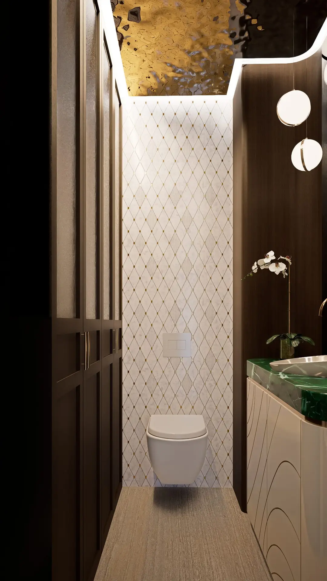 Baño del spa con muro de mármol y luz indirecta