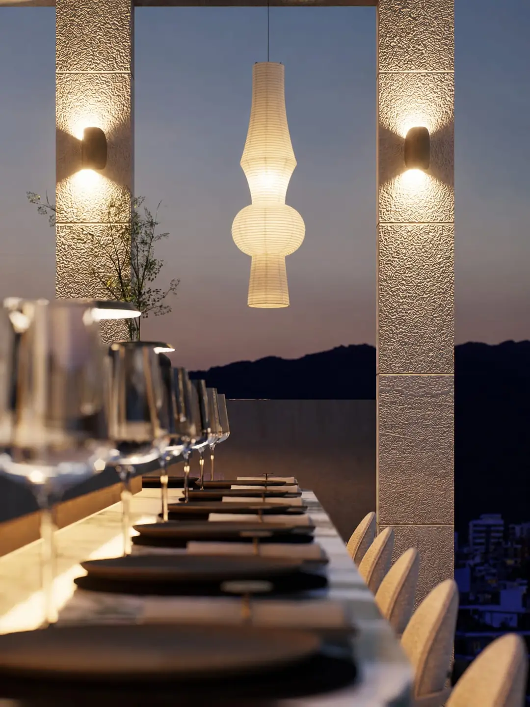 Barra del omakase con lámparas de papel al atardecer