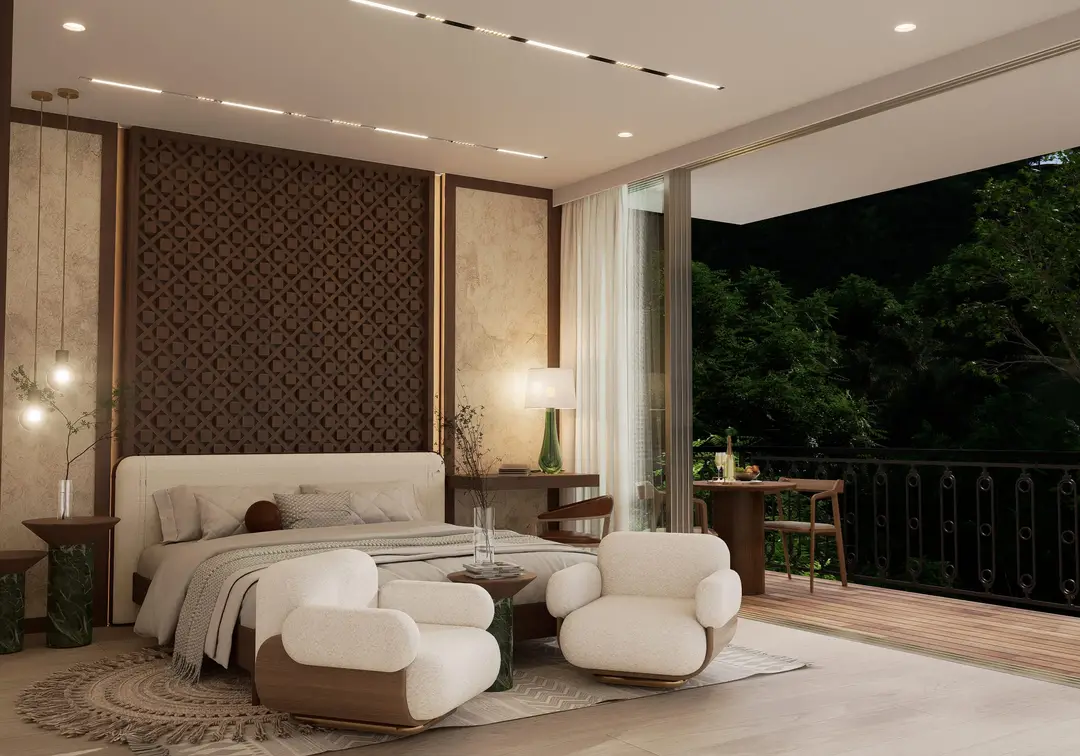 Recámara al anochecer con sillones bouclé y balcón hacia la selva